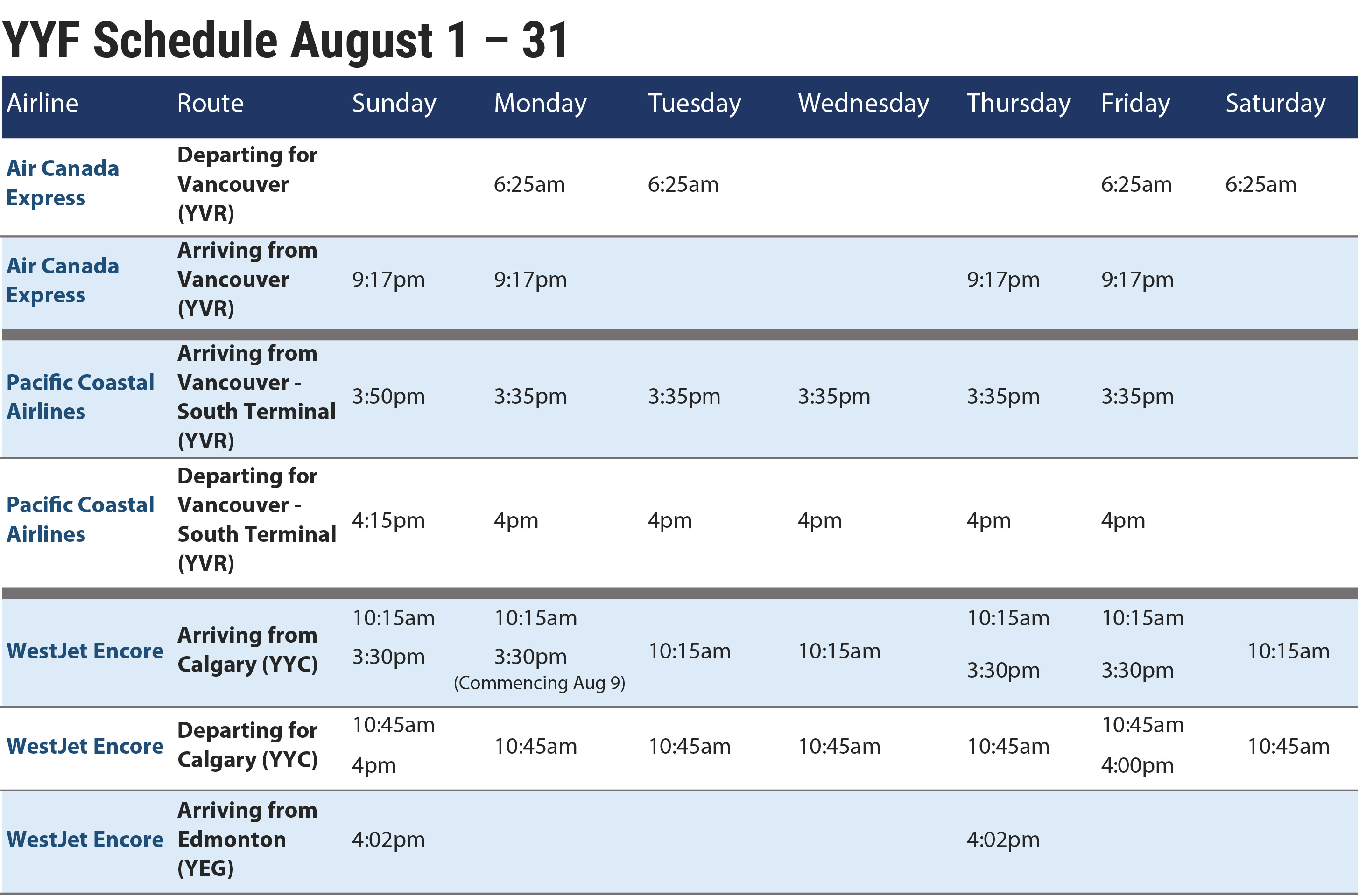 August 2021 Flight Schedule