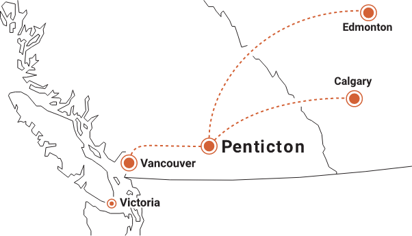 Map with markers indicating Victoria, Vancouver, Penticton, and Calgary
